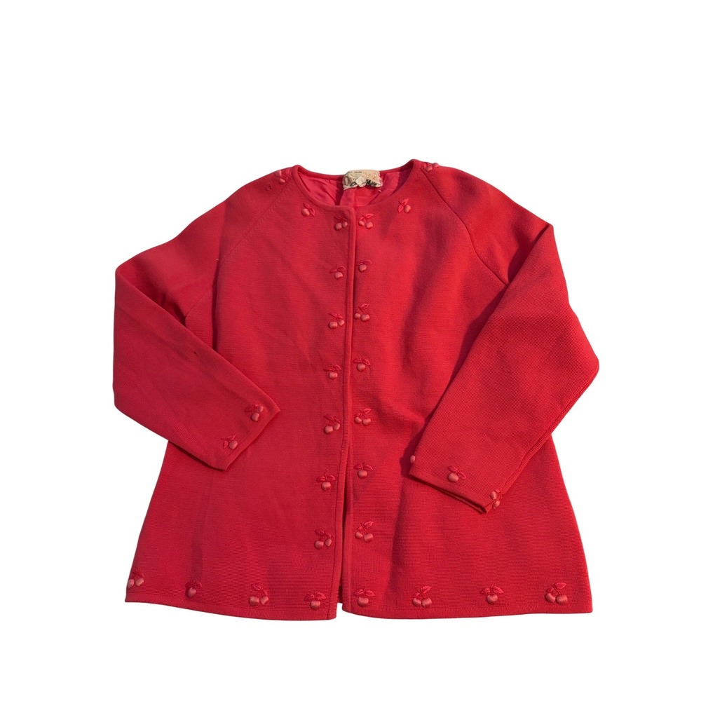 Doreen Lee Cardigan Jacket 1960s Vintage Pink Red Cherry Applique Retro L Large